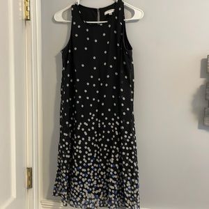 Black dress with blue and white dots